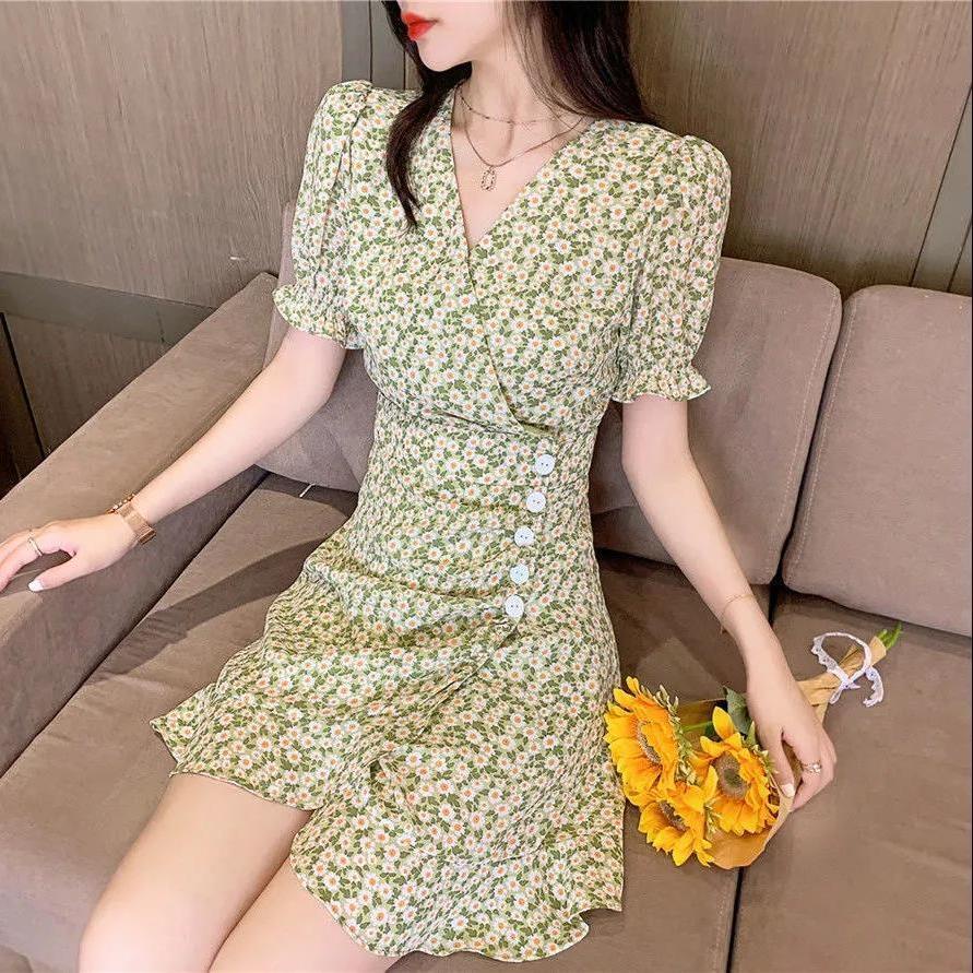 Shorts and dresses for women super fairy puff sleeve skirt women 2022 pleated skirt green daisy flor