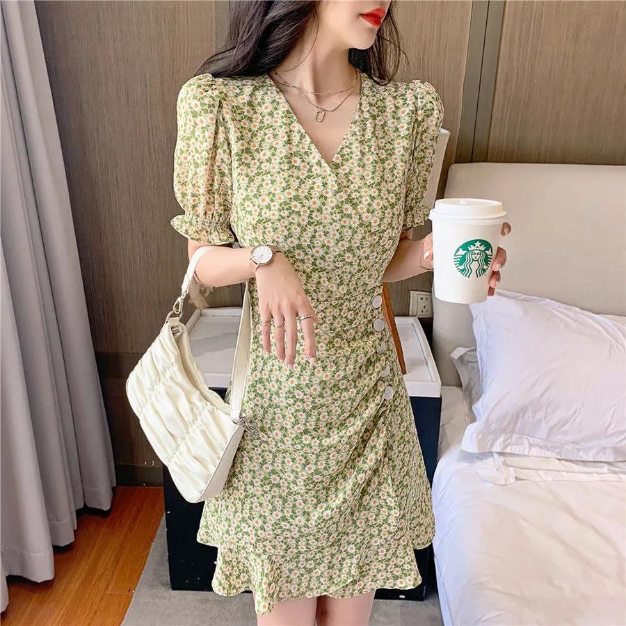 Shorts and dresses for women super fairy puff sleeve skirt women 2022 pleated skirt green daisy flor