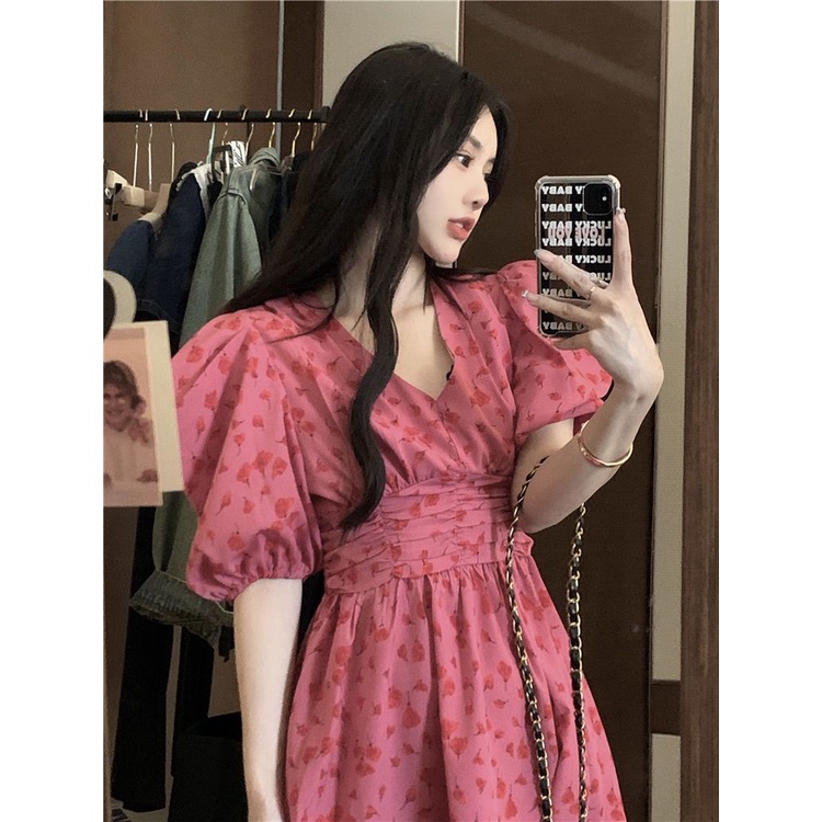 fashion dress Korean Version v-Neck Puff Sleeve Narrow-Waist Floral Female Preppy Style Sweet Temper