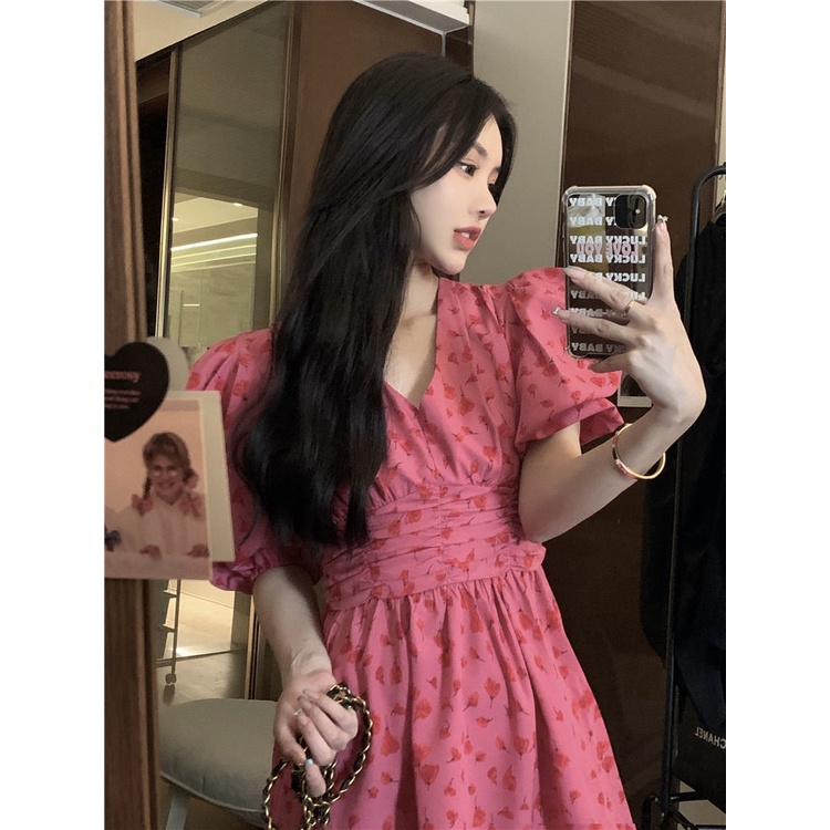 fashion dress Korean Version v-Neck Puff Sleeve Narrow-Waist Floral Female Preppy Style Sweet Temper