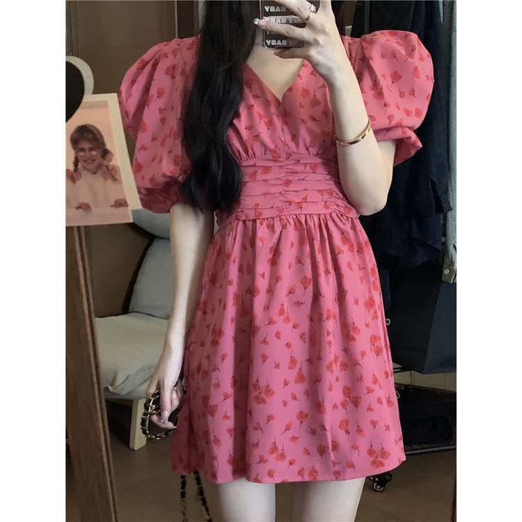 fashion dress Korean Version v-Neck Puff Sleeve Narrow-Waist Floral Female Preppy Style Sweet Temper