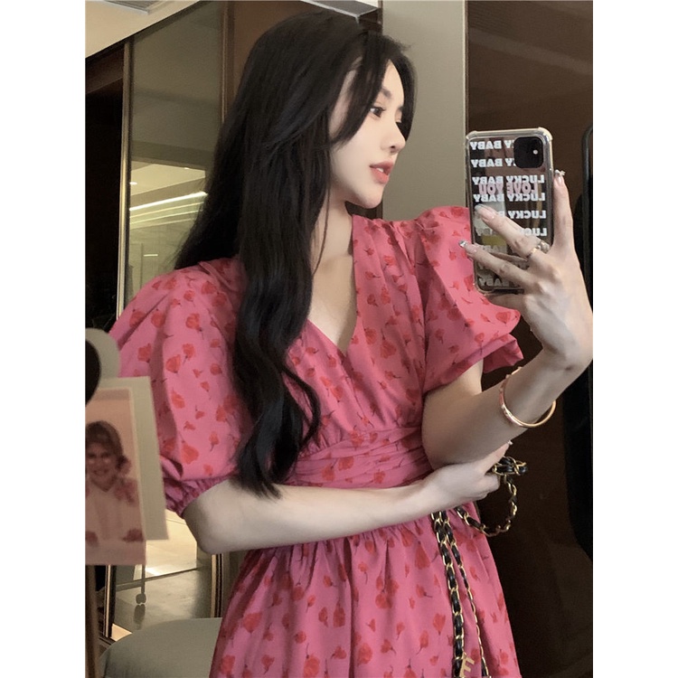 fashion dress Korean Version v-Neck Puff Sleeve Narrow-Waist Floral Female Preppy Style Sweet Temper