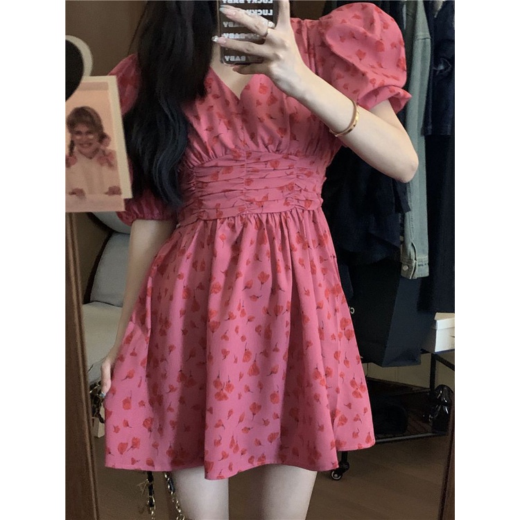 fashion dress Korean Version v-Neck Puff Sleeve Narrow-Waist Floral Female Preppy Style Sweet Temper