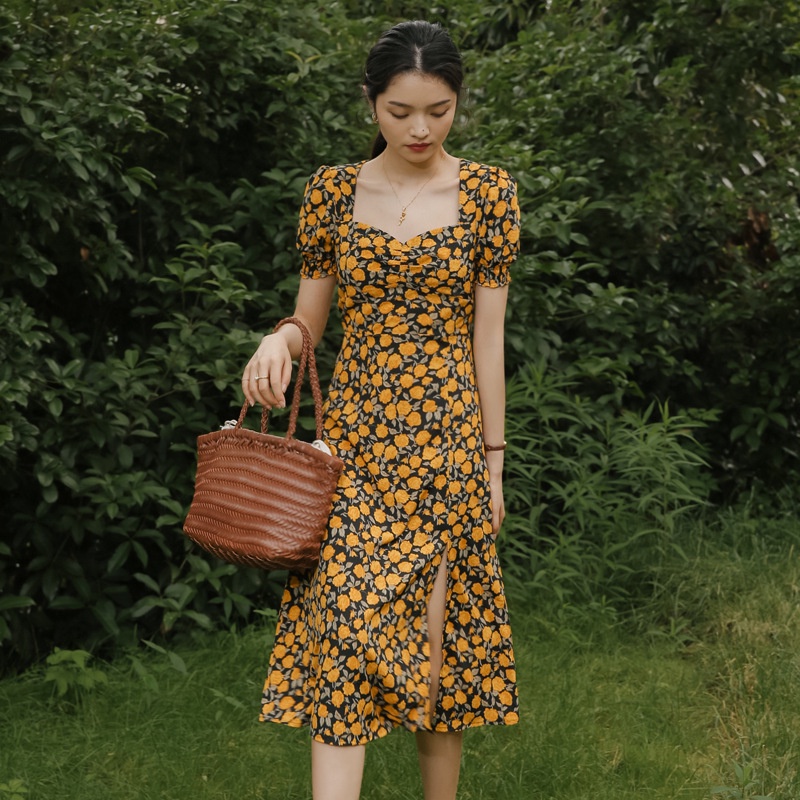 French style vintage floral show white yellow ruff collar square collar 2021 dress split flare sleev
