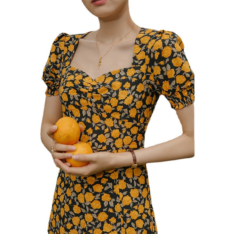 French style vintage floral show white yellow ruff collar square collar 2021 dress split flare sleev