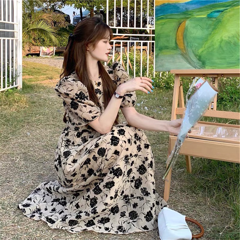 summer dress Korean Sexy dress for women elegant floral retro formal dress puff sleeve dress