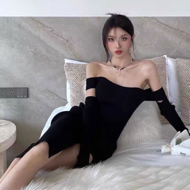 2022 summer korean style bodycon sexy midi plain black dress fitted long sleeve dress for women casu
