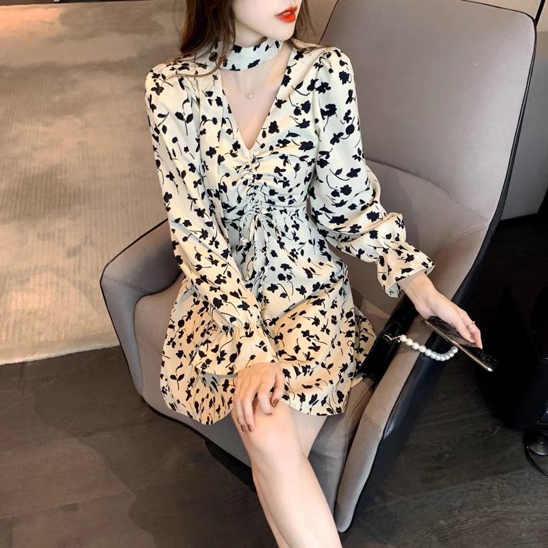 cute korean plain simple white dress plus size new summer floral dress for women v neck long sleeve 