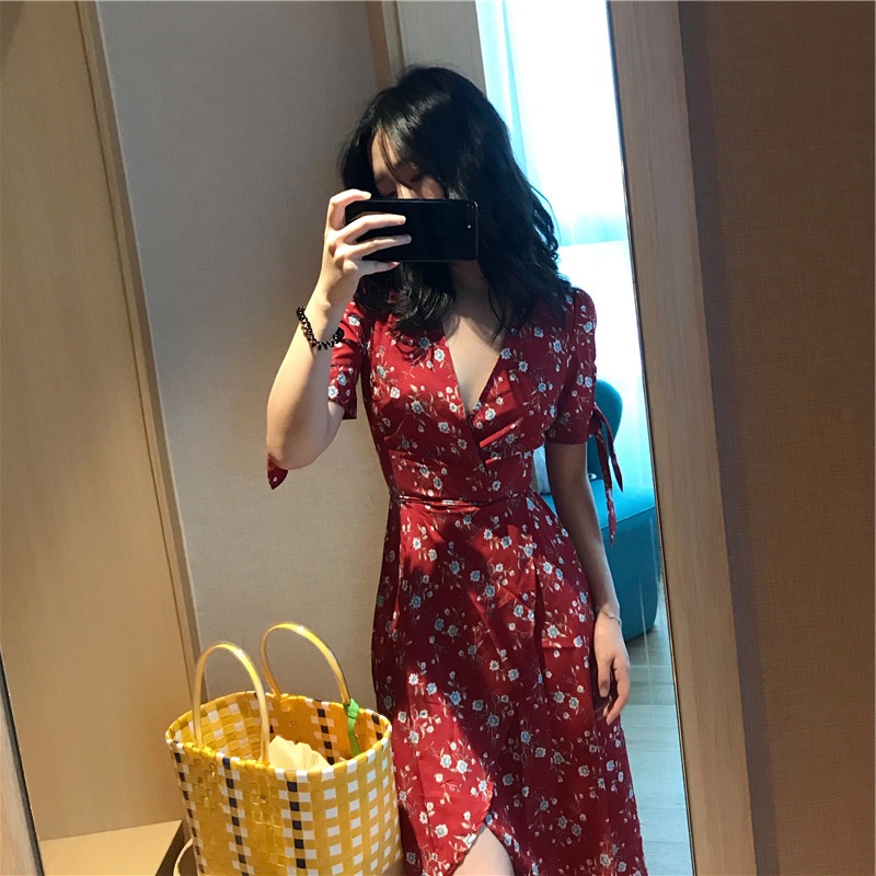 summer dress sexy red floral midi dress casual korean gown dress women slit dress debut dress trendy