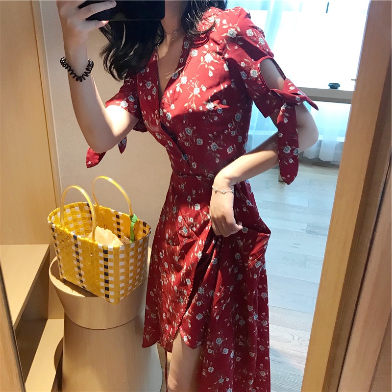 summer dress sexy red floral midi dress casual korean gown dress women slit dress debut dress trendy