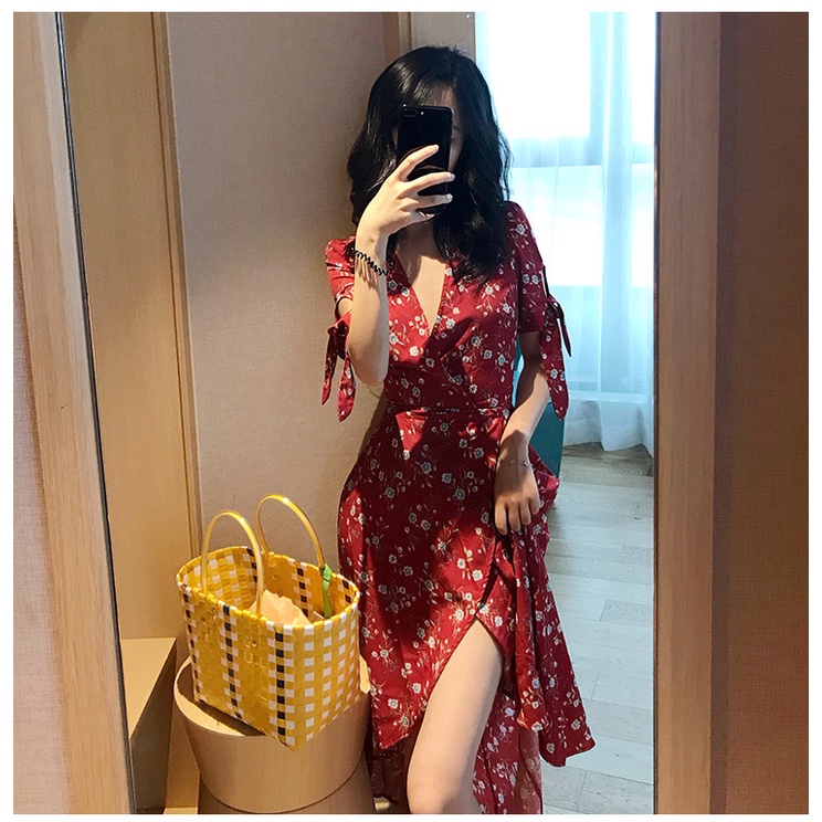 summer dress sexy red floral midi dress casual korean gown dress women slit dress debut dress trendy