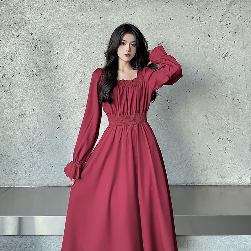 black trendy party fitted autumn plus size aesthetic korean church long sleeve waist slimming dress 