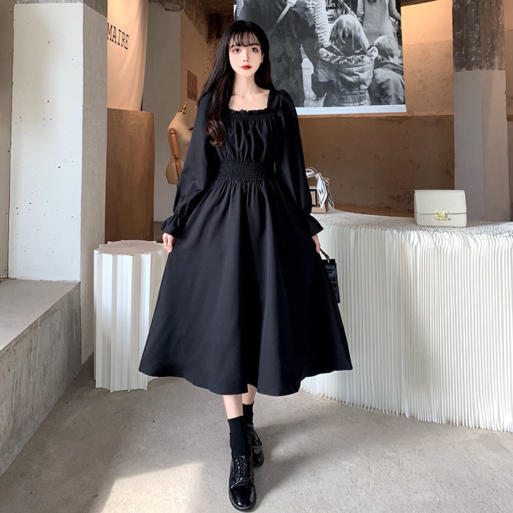 black trendy party fitted autumn plus size aesthetic korean church long sleeve waist slimming dress 