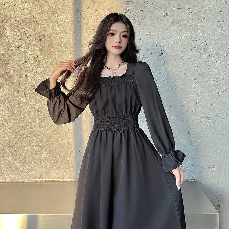black trendy party fitted autumn plus size aesthetic korean church long sleeve waist slimming dress 