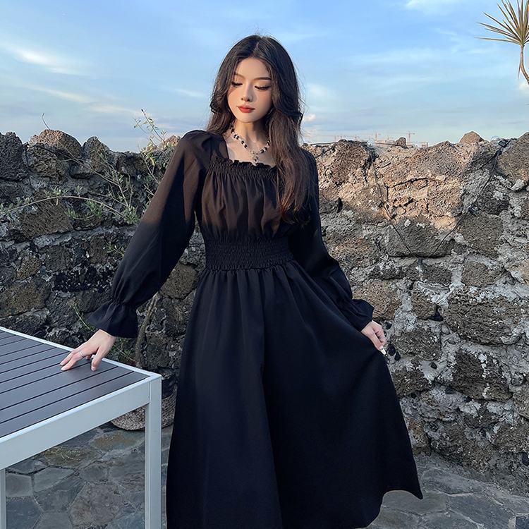 black trendy party fitted autumn plus size aesthetic korean church long sleeve waist slimming dress 