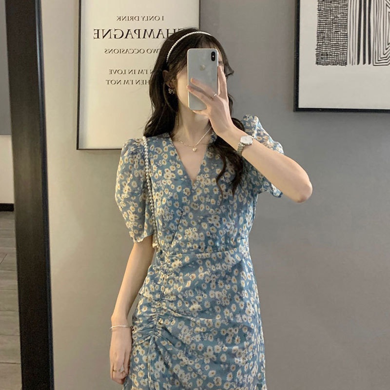 2021 new women's summer dress French first love retro gentle long dress chic split floral dress