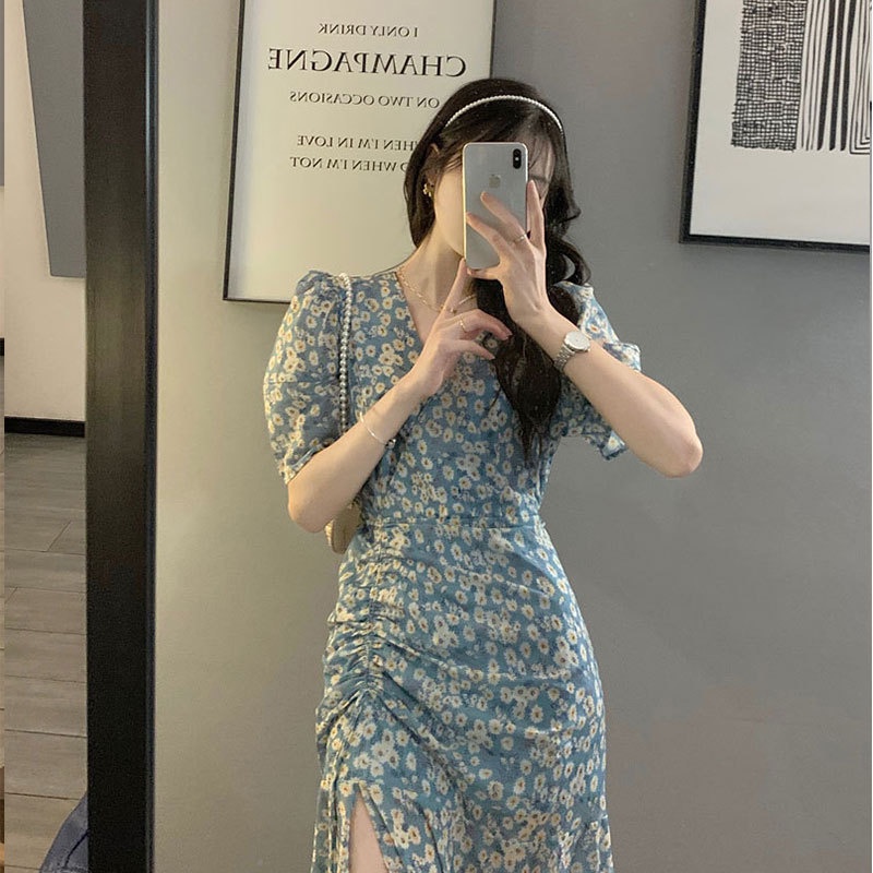 2021 new women's summer dress French first love retro gentle long dress chic split floral dress
