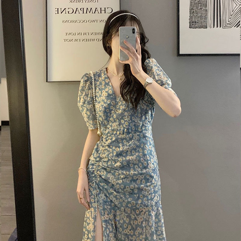 2021 new women's summer dress French first love retro gentle long dress chic split floral dress