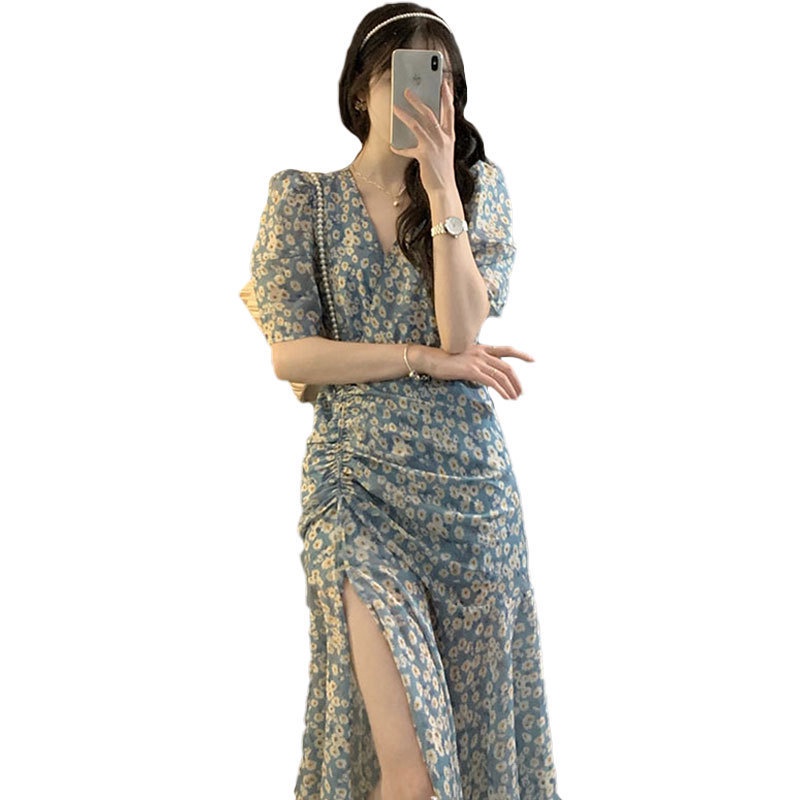 2021 new women's summer dress French first love retro gentle long dress chic split floral dress