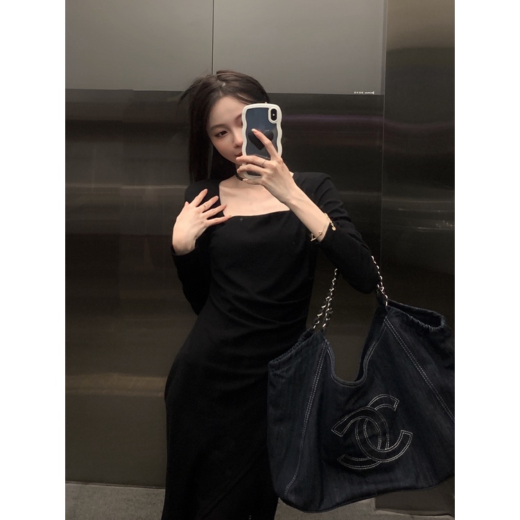 sexy bodycon midi black dress plain long sleeve dress for women casual formal dress elegant korean s