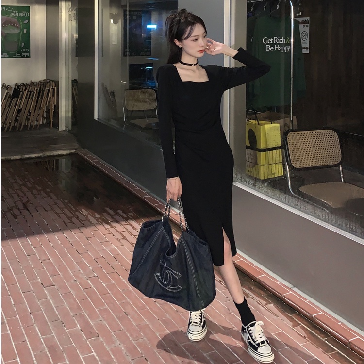 sexy bodycon midi black dress plain long sleeve dress for women casual formal dress elegant korean s