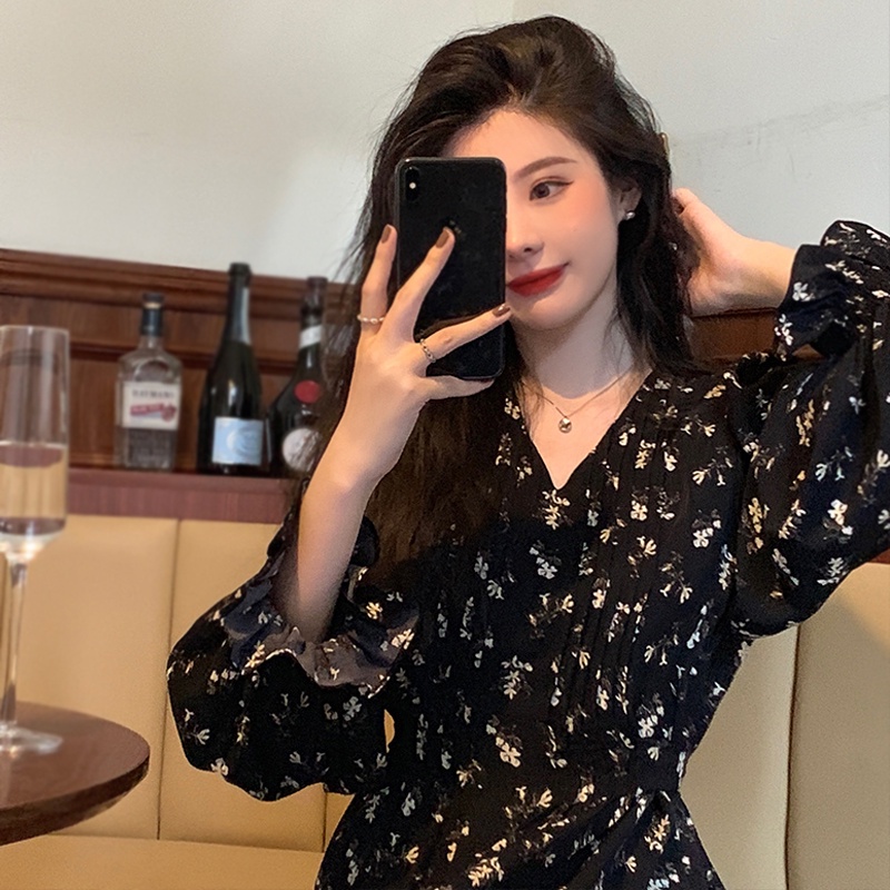 black floral beach dress long women dress korean style dinner dress plus size long sleeve elegant pr