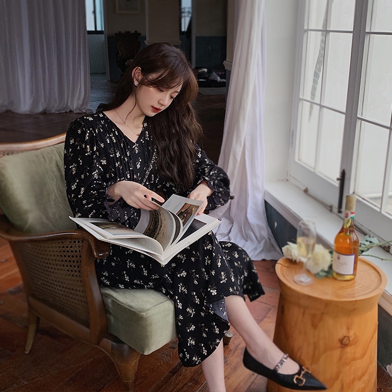 black floral beach dress long women dress korean style dinner dress plus size long sleeve elegant pr