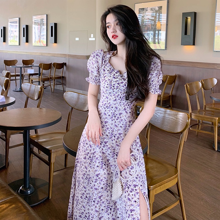 Retro style purple floral dress for women spring and autumn summer mid-length sneaky design slit dre