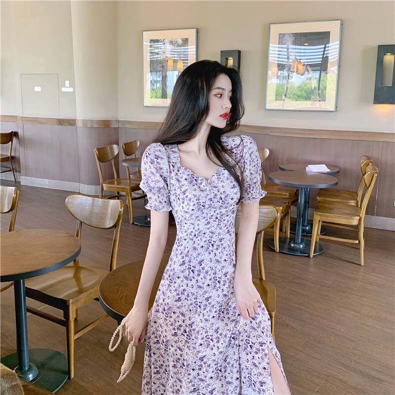 Retro style purple floral dress for women spring and autumn summer mid-length sneaky design slit dre
