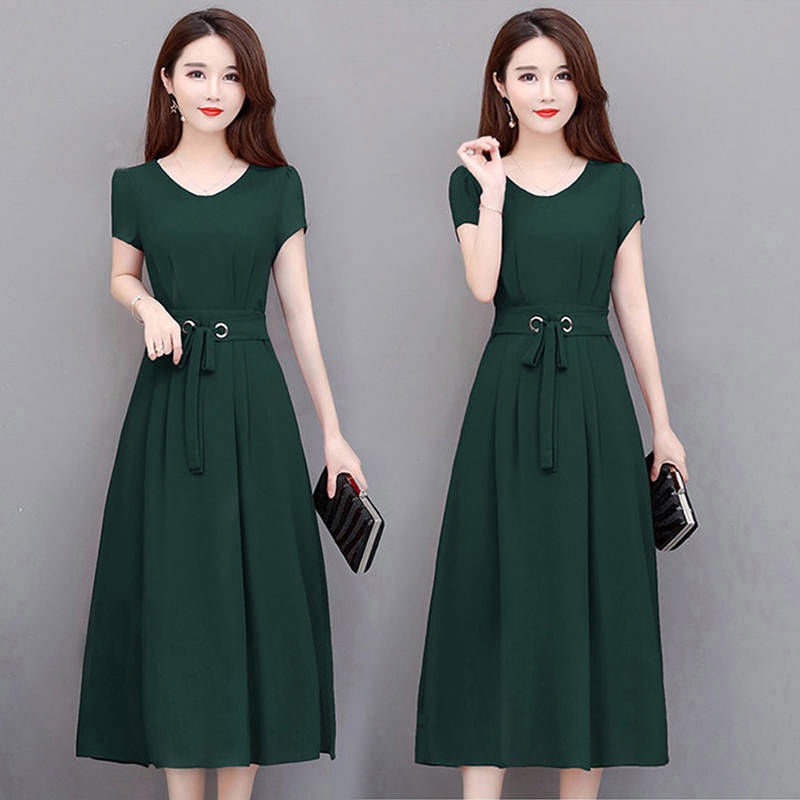 Large Size Dress Women Short Sleeve Mid-Length A-line Dress with Waistband