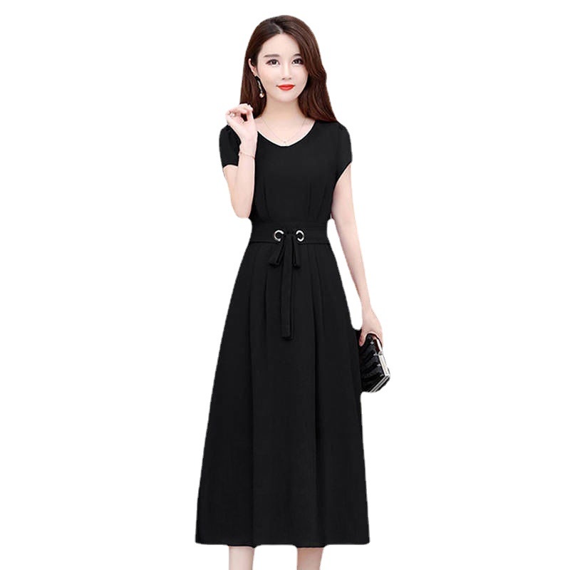 Large Size Dress Women Short Sleeve Mid-Length A-line Dress with Waistband