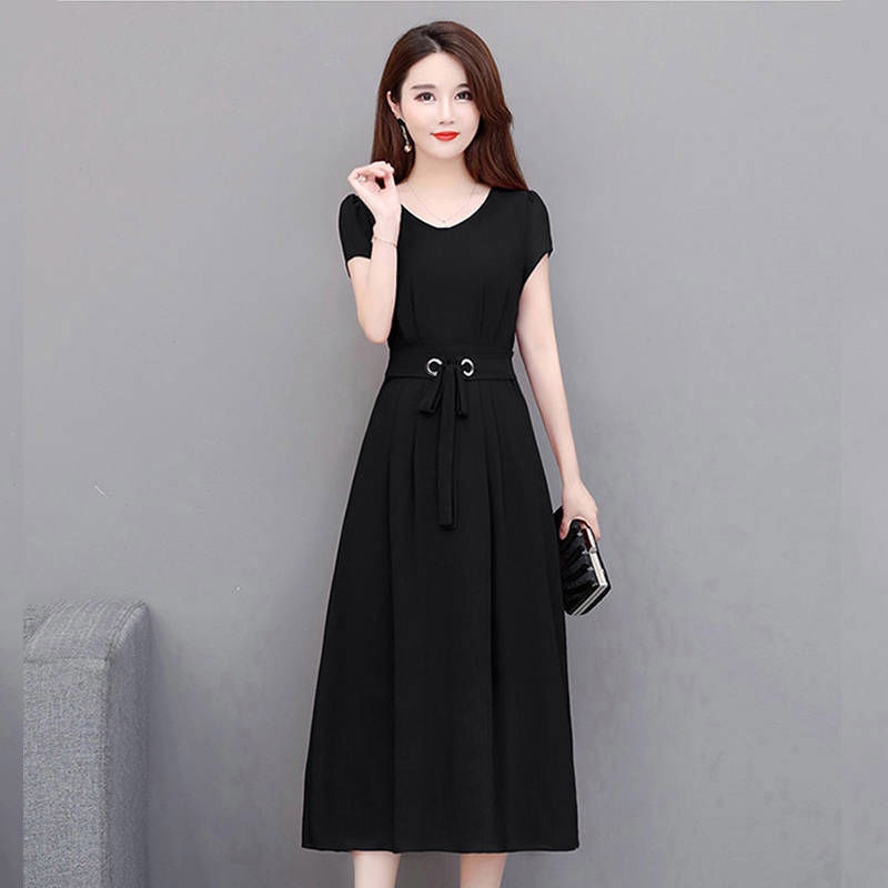 Large Size Dress Women Short Sleeve Mid-Length A-line Dress with Waistband