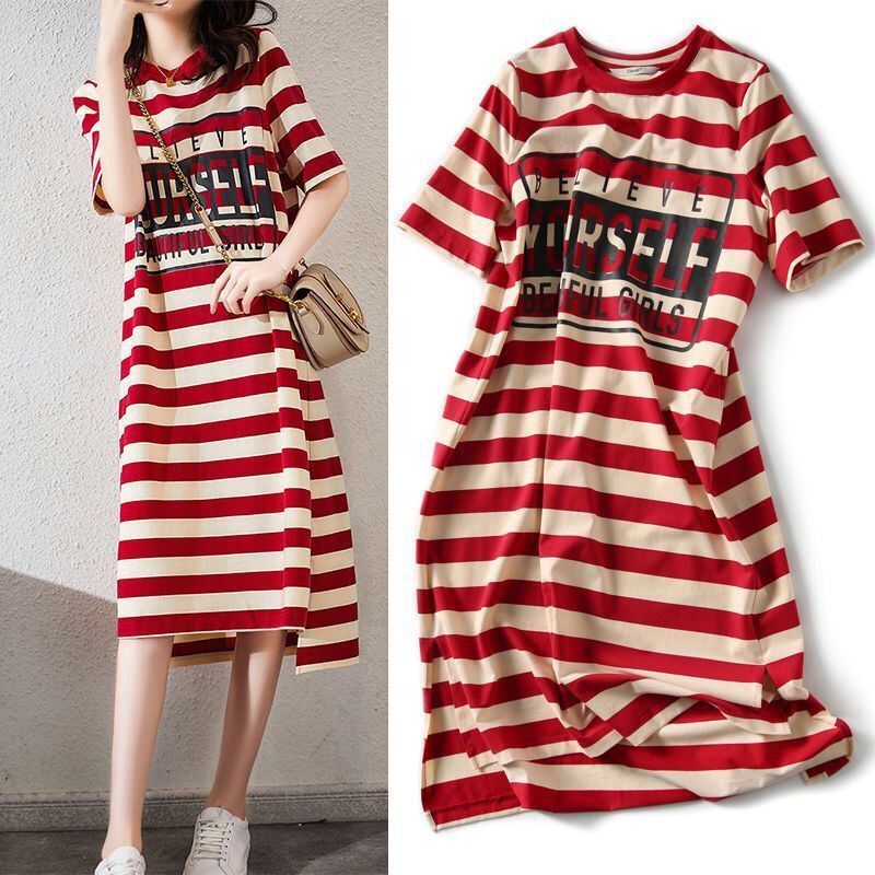 Spike Low Price Summer Loose Stripe Printed Short Sleeve T-shirt Dress Women's Students Korean Long 