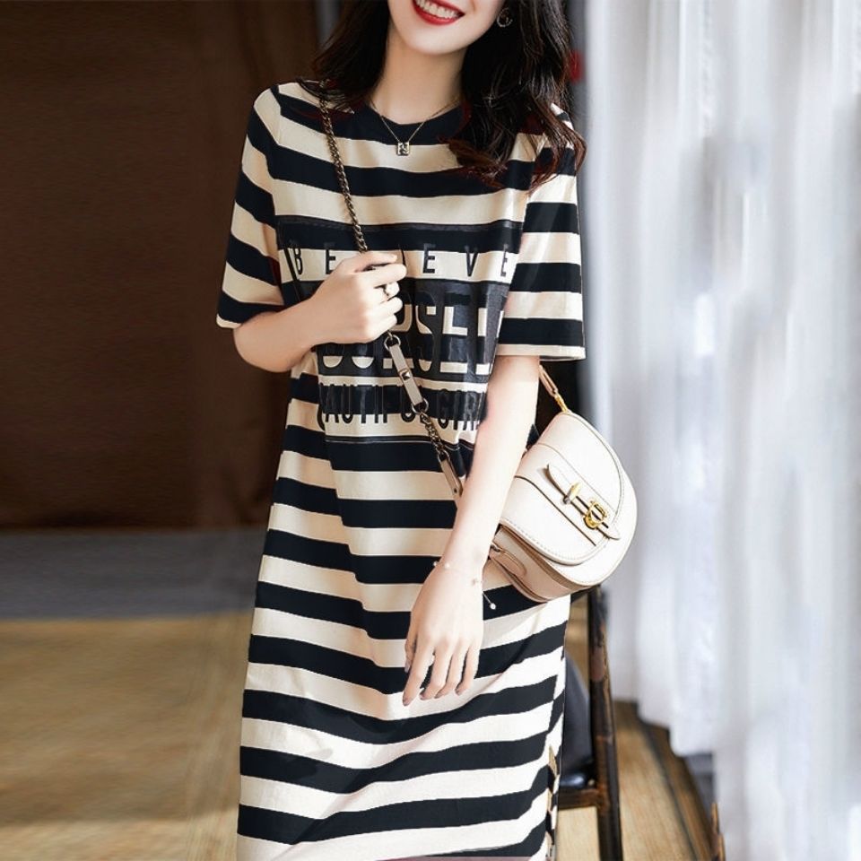 Spike Low Price Summer Loose Stripe Printed Short Sleeve T-shirt Dress Women's Students Korean Long 