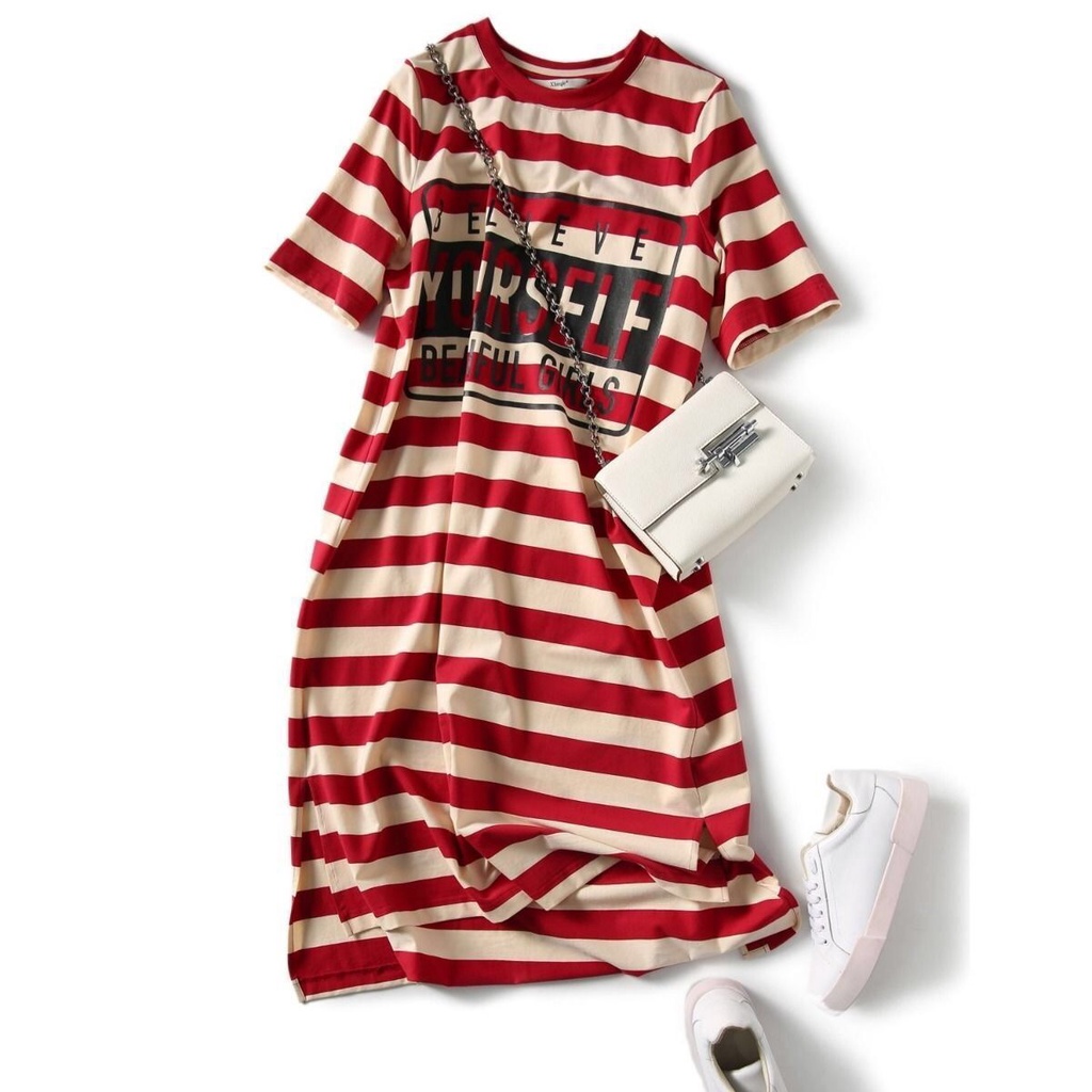 Spike Low Price Summer Loose Stripe Printed Short Sleeve T-shirt Dress Women's Students Korean Long 