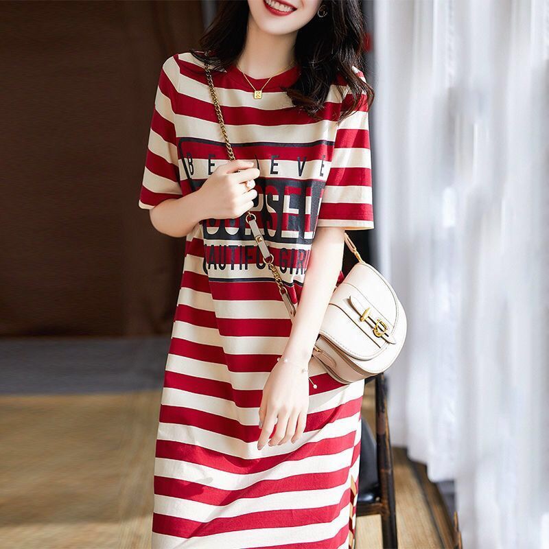 Spike Low Price Summer Loose Stripe Printed Short Sleeve T-shirt Dress Women's Students Korean Long 