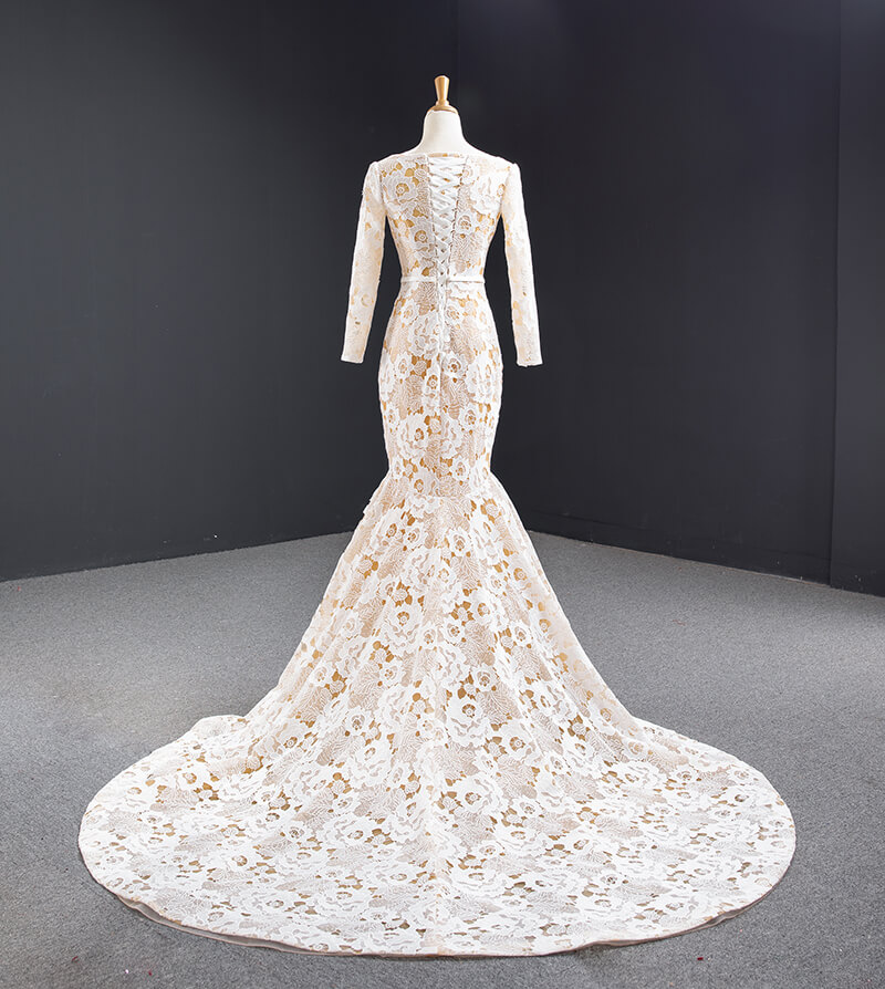 Women Sexy Dresses Flowers Tulle Lace Evening Mermaid Gown Long Sleeve Muslim Evening Dress