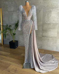 Sparkly Silver Mermaid Prom Dresses 2022 V Neck Long Sleeve High Slit Luxury African Women Formal Ev