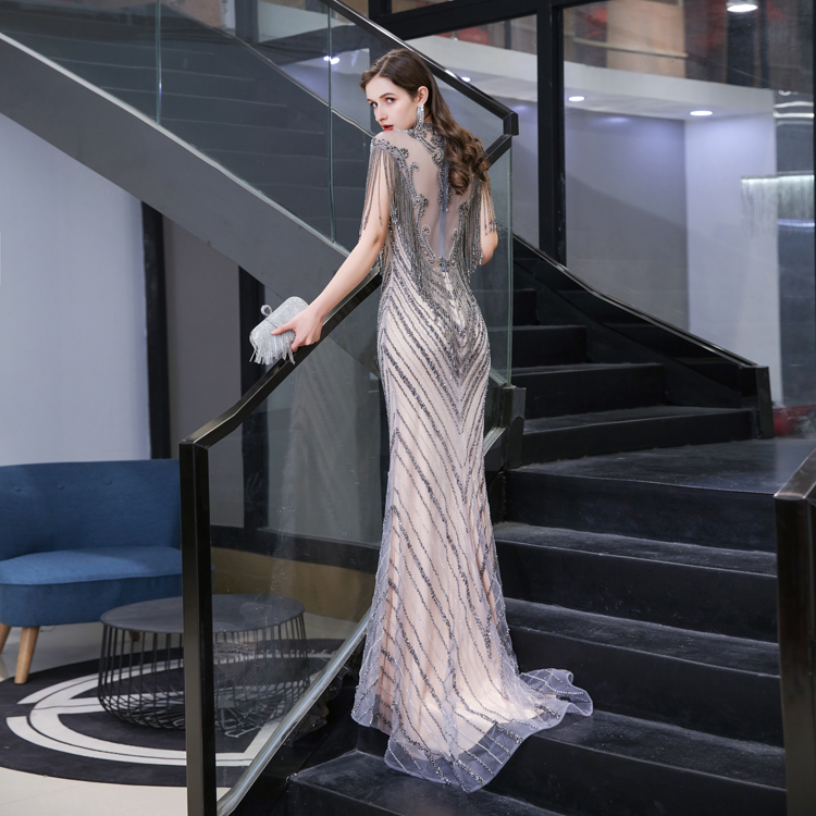 Luxury Crystal Beaded Jewel Collar Evening Dress Tassel Sleeves Sheath Gowns for Women Evening Dress