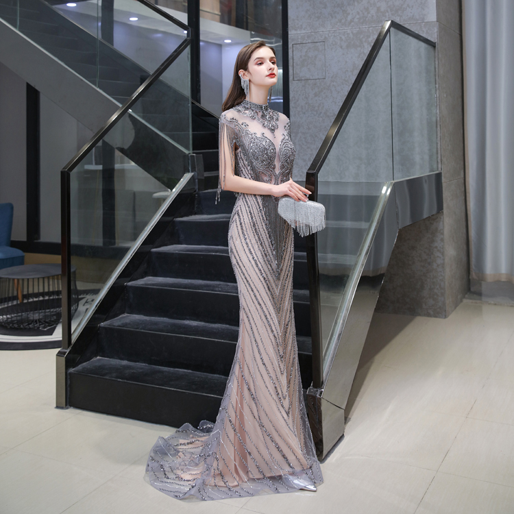 Luxury Crystal Beaded Jewel Collar Evening Dress Tassel Sleeves Sheath Gowns for Women Evening Dress