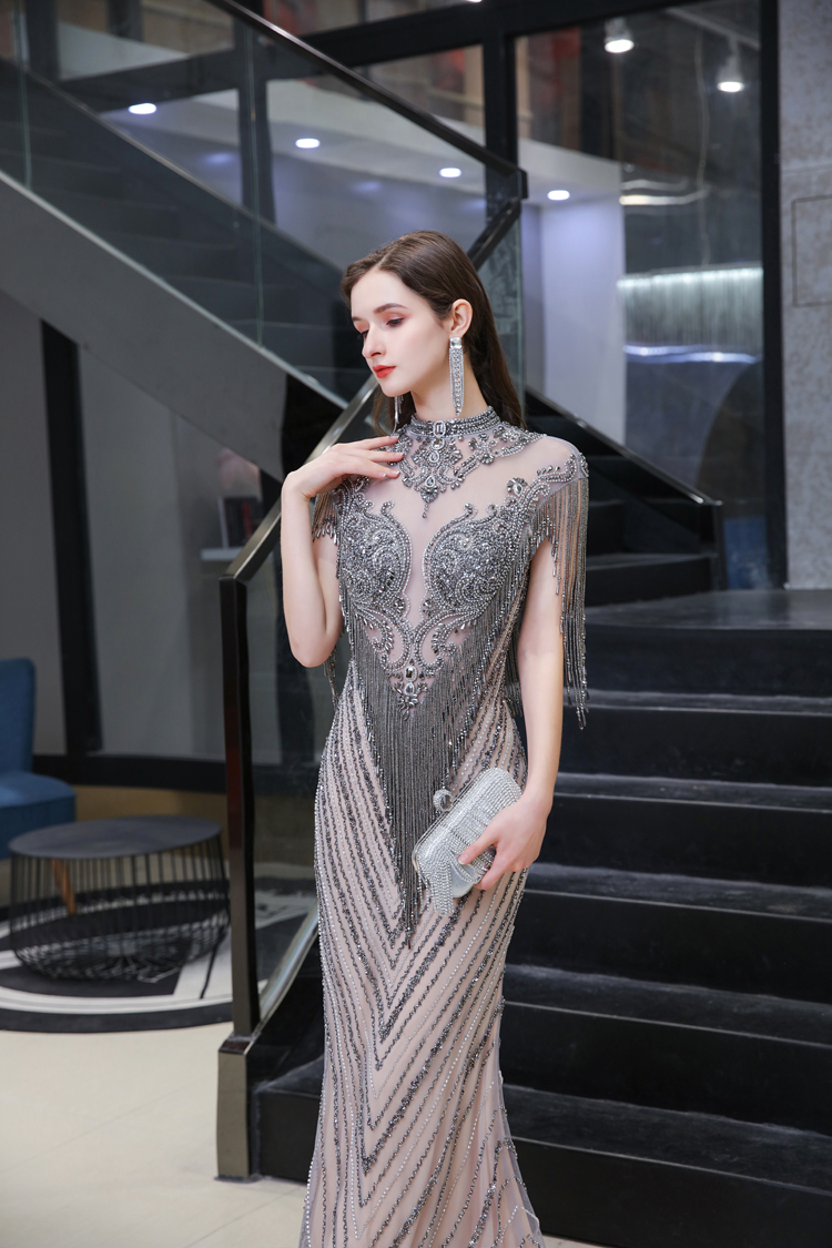 Luxury Crystal Beaded Jewel Collar Evening Dress Tassel Sleeves Sheath Gowns for Women Evening Dress