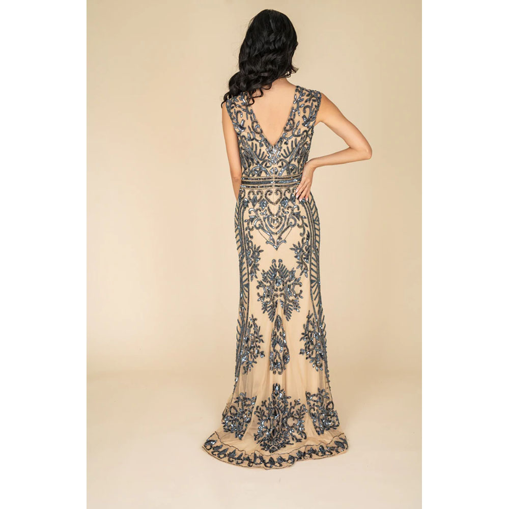 FARAH NAZ New York Women's Sweep Sequined Gown Embroidered Classic Gown Beautiful Sleeveless Dress B