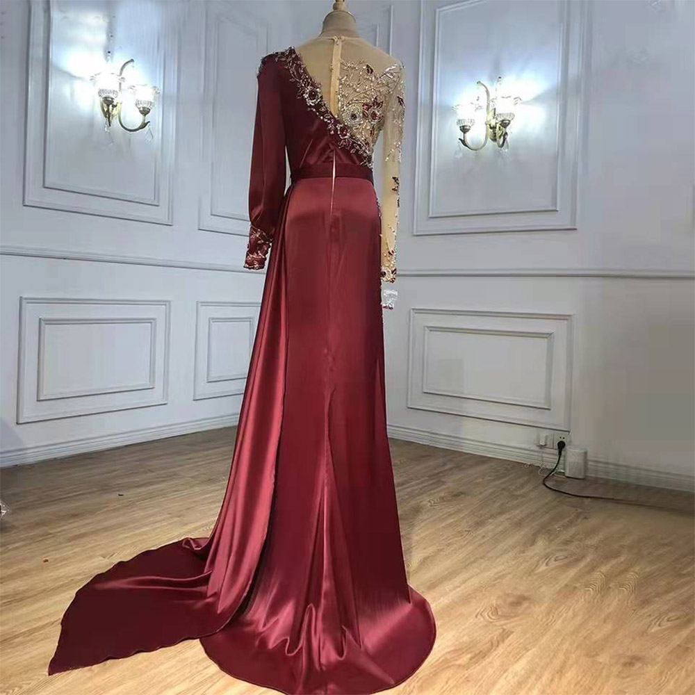 Luxury Burgundy Elegant Crystal Mermaid Formal Party Gowns Satin O Neck Long Sleeves Handmade Beaded