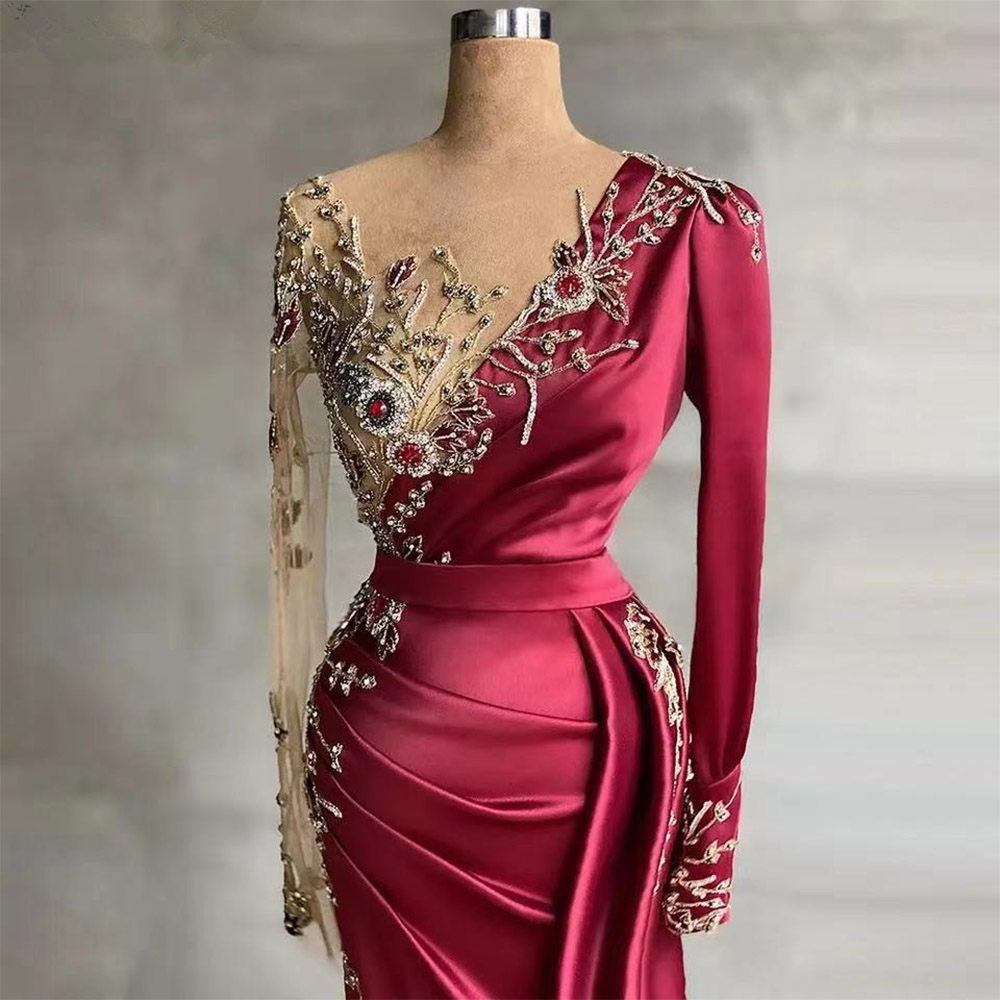 Luxury Burgundy Elegant Crystal Mermaid Formal Party Gowns Satin O Neck Long Sleeves Handmade Beaded