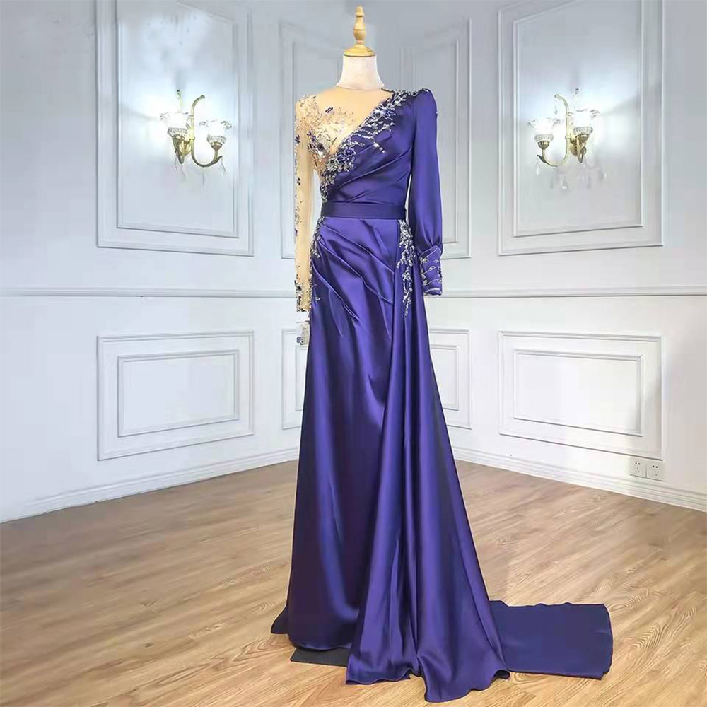 Luxury Burgundy Elegant Crystal Mermaid Formal Party Gowns Satin O Neck Long Sleeves Handmade Beaded