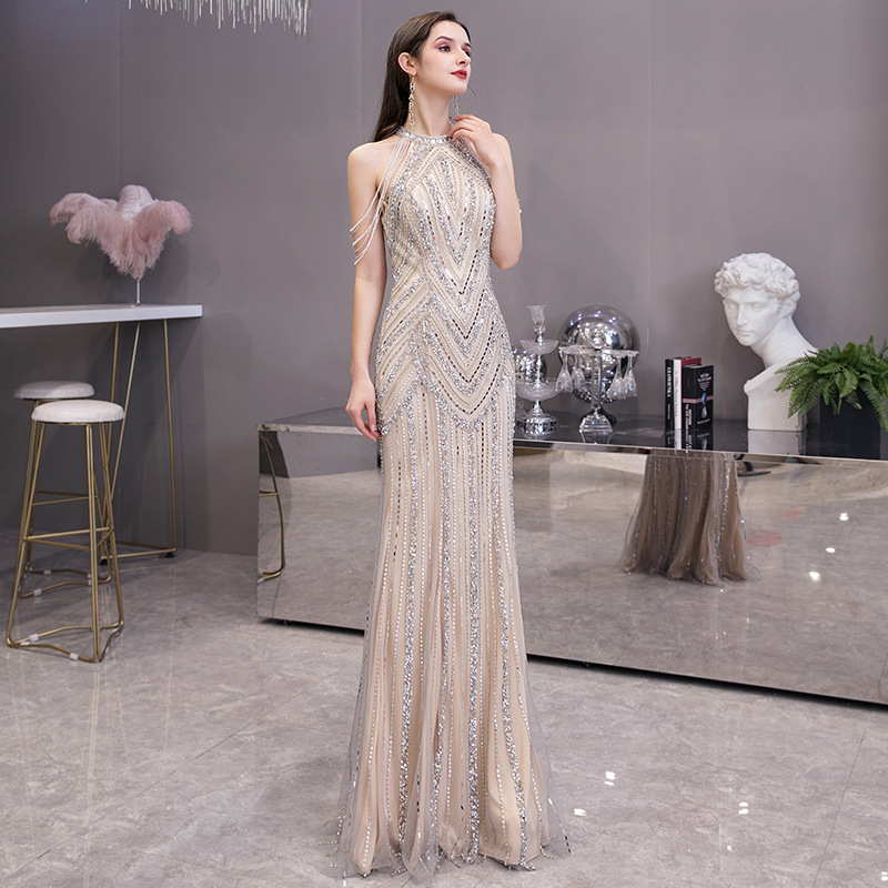 Fashion party halter neck crystal decoration Dubai dress luxury shiny slim slimming banquet dress