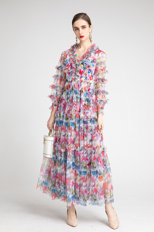 France Luxury Casual Female Long Sleeves Hand Beaded V Neck Ruffles Mesh Ball Gowns Occident Floral 