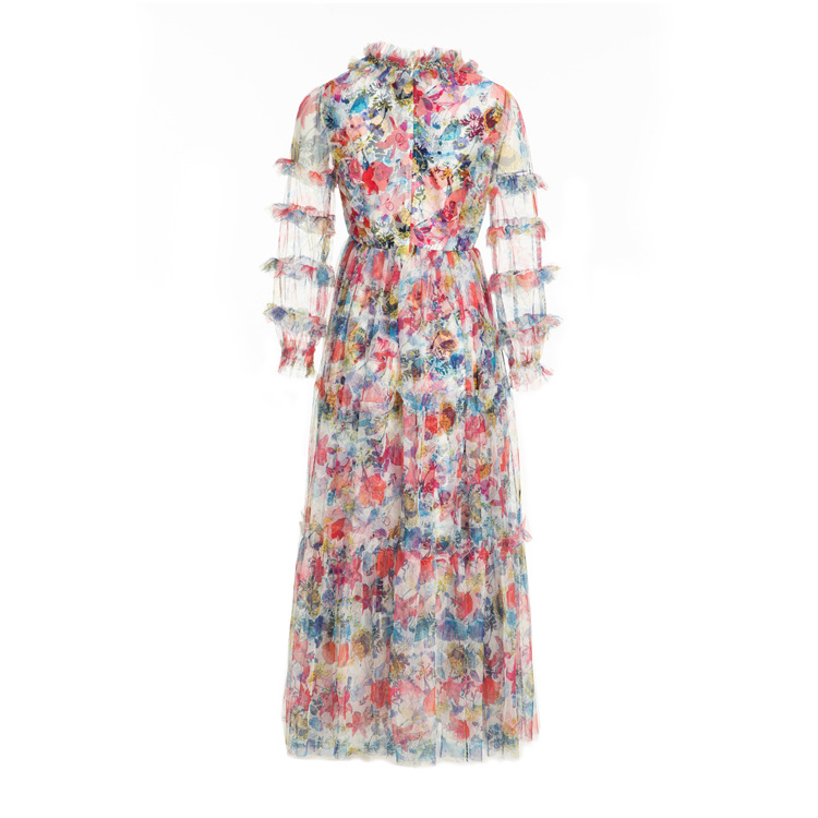 France Luxury Casual Female Long Sleeves Hand Beaded V Neck Ruffles Mesh Ball Gowns Occident Floral 