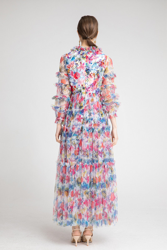 France Luxury Casual Female Long Sleeves Hand Beaded V Neck Ruffles Mesh Ball Gowns Occident Floral 