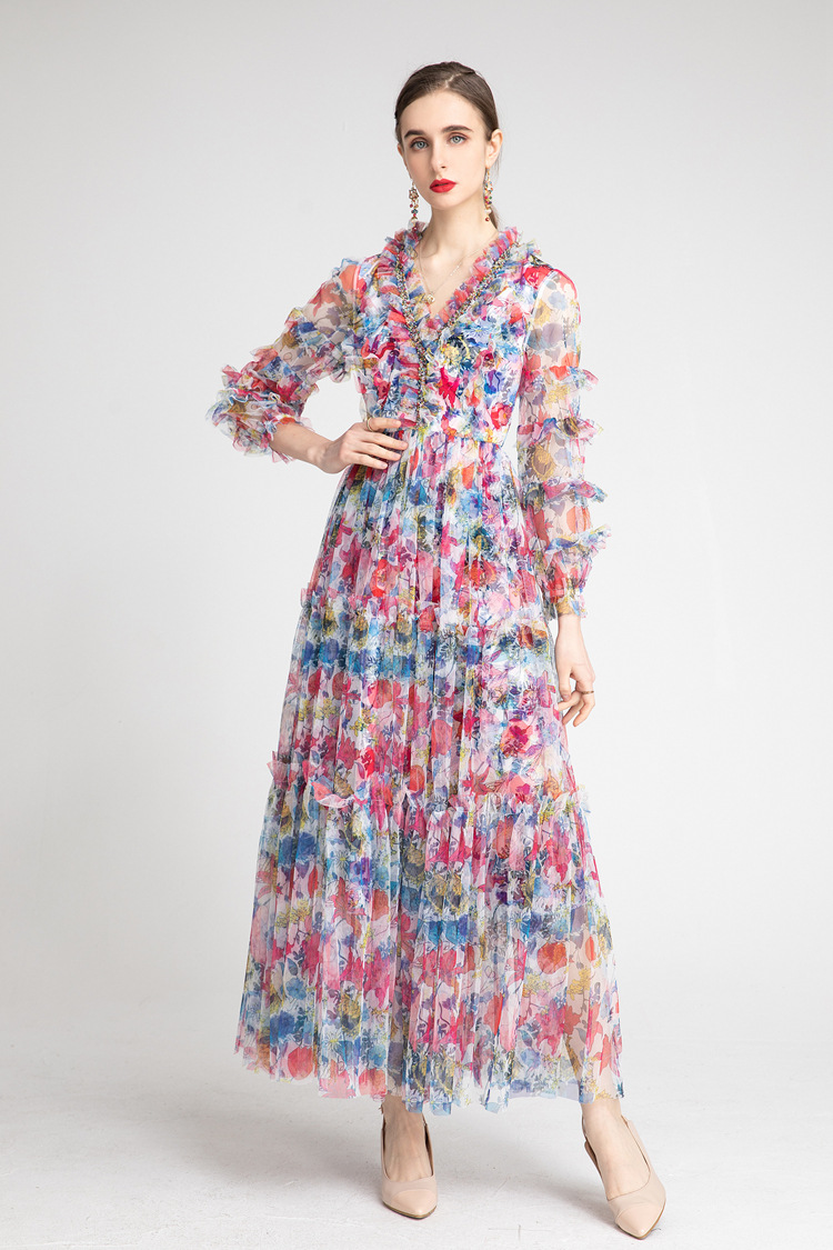 France Luxury Casual Female Long Sleeves Hand Beaded V Neck Ruffles Mesh Ball Gowns Occident Floral 